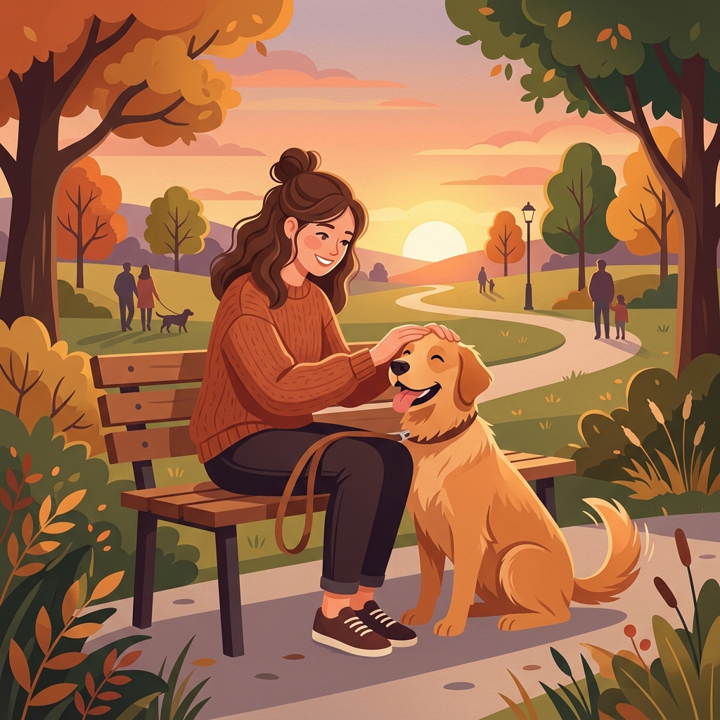 Woman affectionately petting her dog in a park